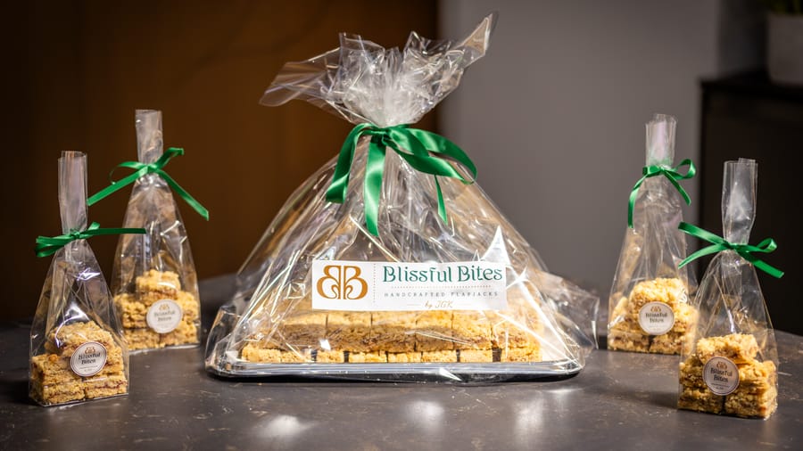 Blissful Bites flapjacks wrapped and ribboned as a gift